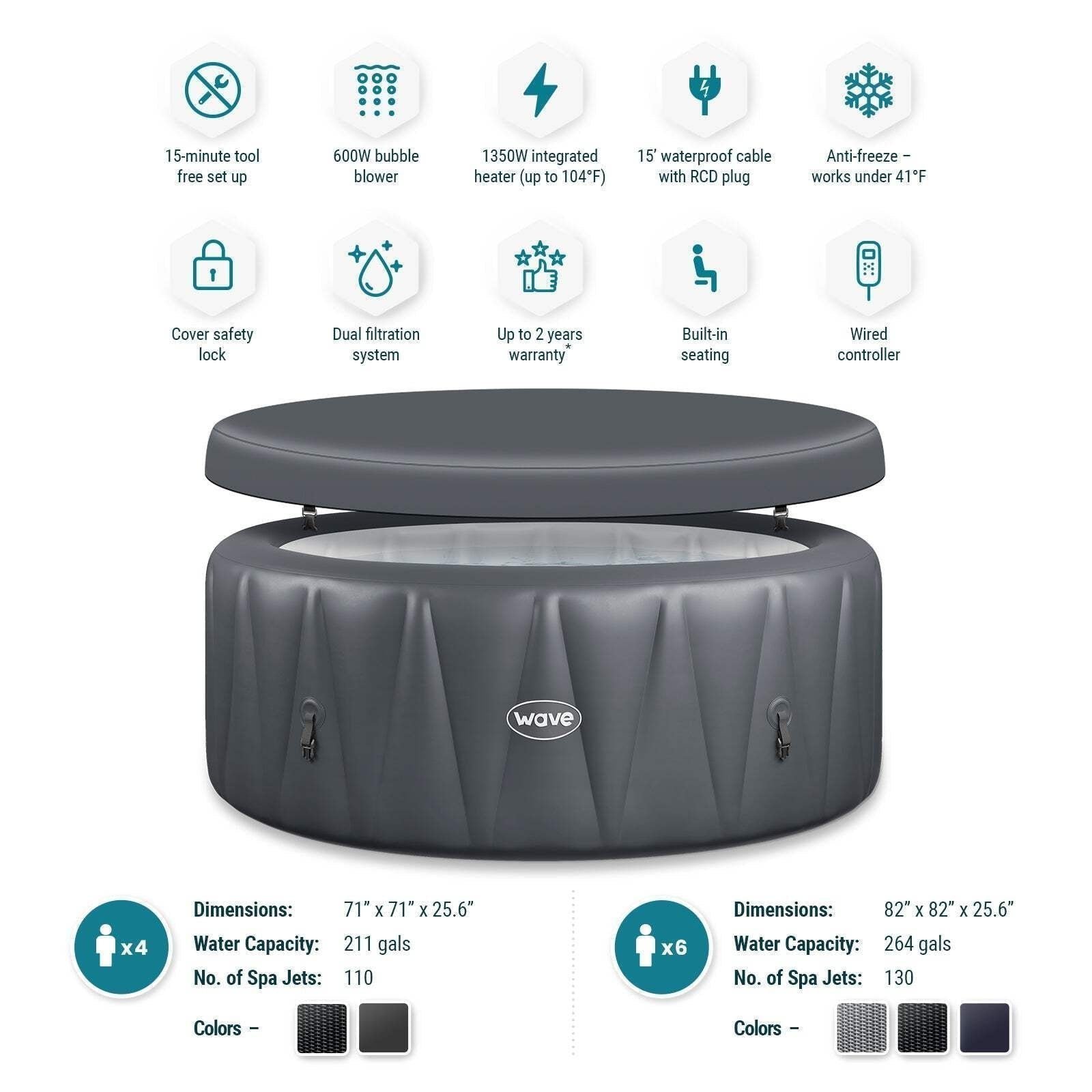 Wave Atlantic 6 Person Round Inflatable Hot Tub, Navy - Image 5